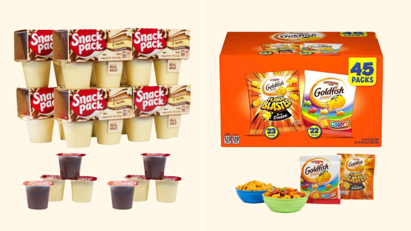 Nut Free Snacks including chocolate and vanilla Snack Pack pudding cups and boxes, bags and bowls of Goldfish.