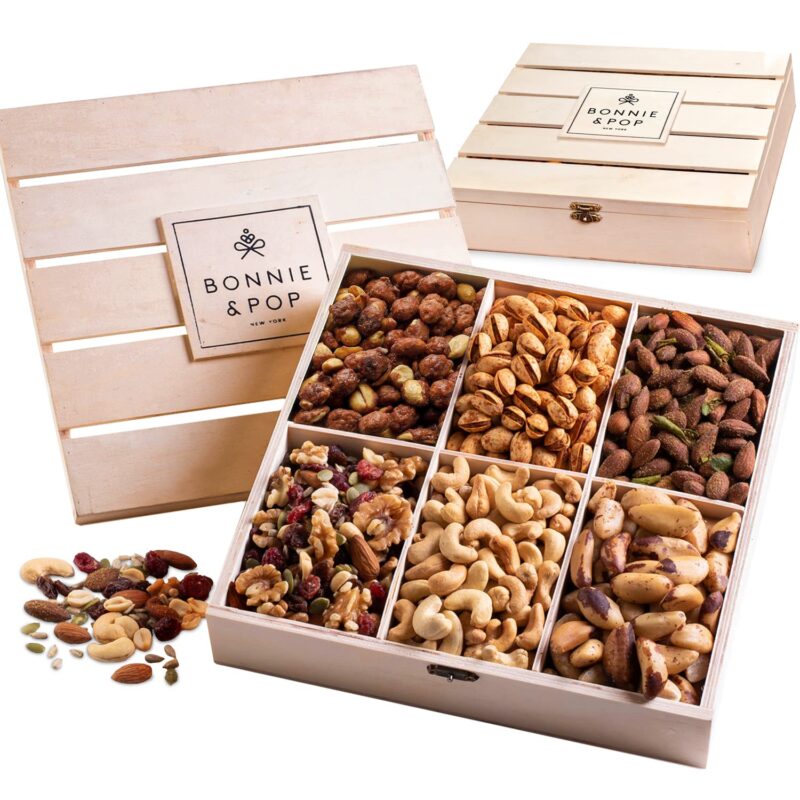 Gift crate filled with mixed nuts.