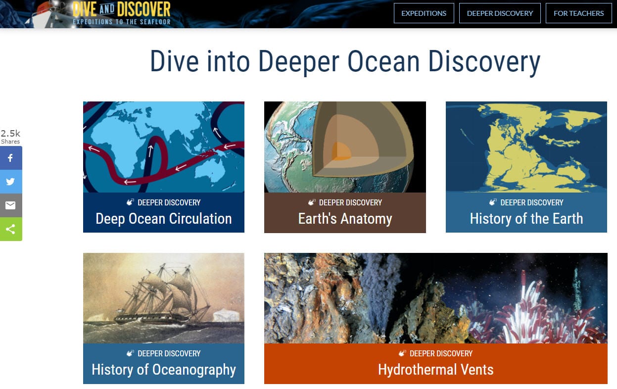 A screenshot of a website says DIve into Deeper Ocean Discovery