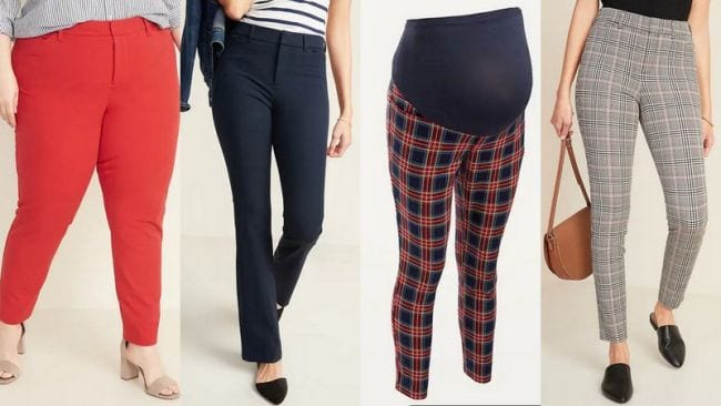 Selection of slim-legged pants in solids and patterns