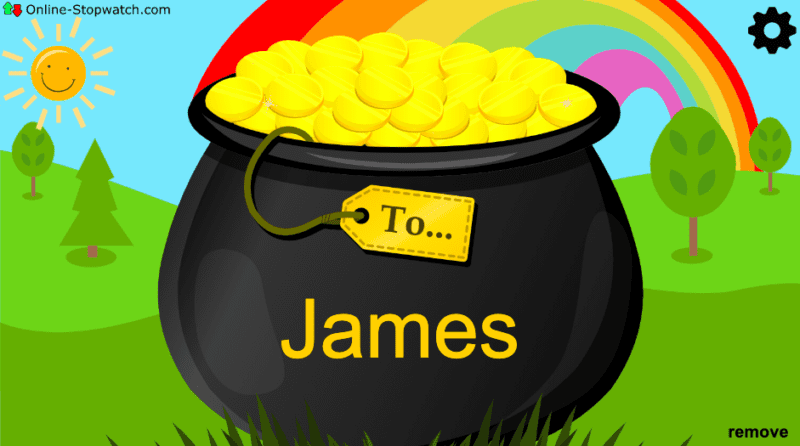pot of gold with a name on it in front of rainbow