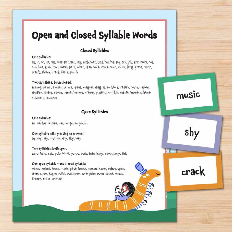 Printable word list and word cards featuring open and closed syllable words.