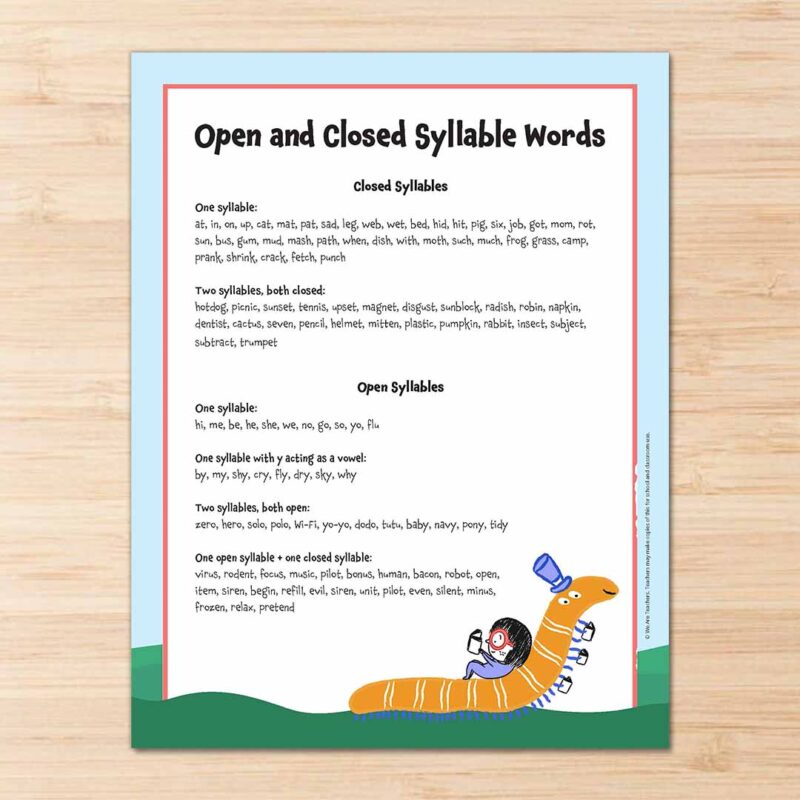 Printable word list featuring open and closed syllable words.