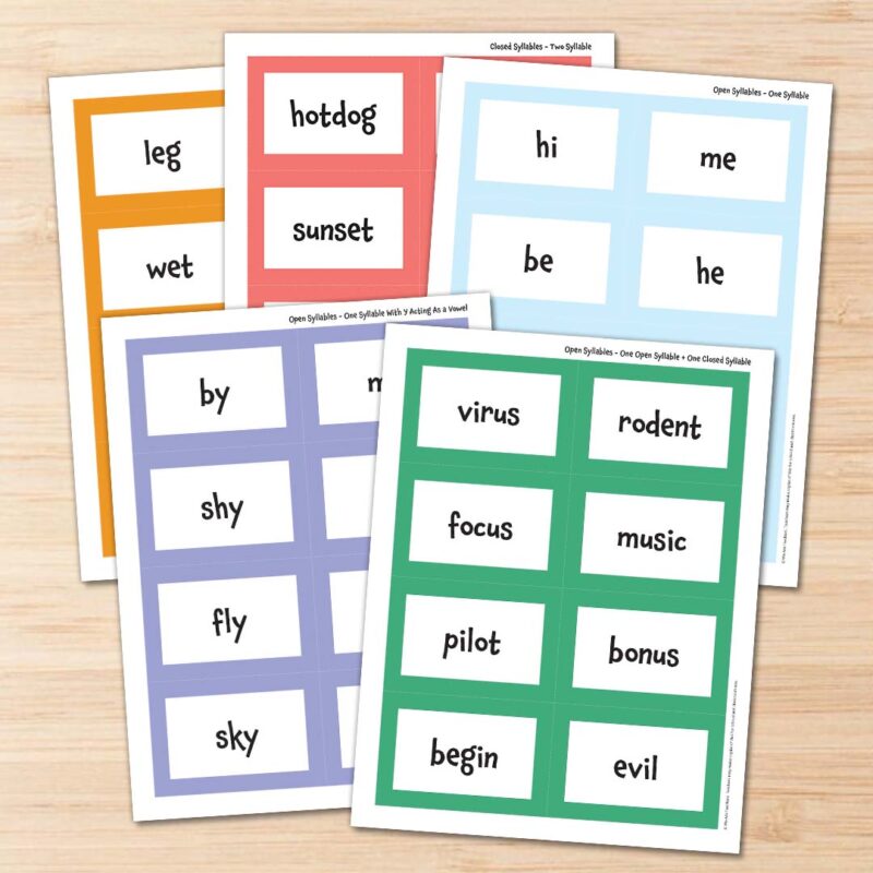 Printable word cards featuring open and closed syllable words.