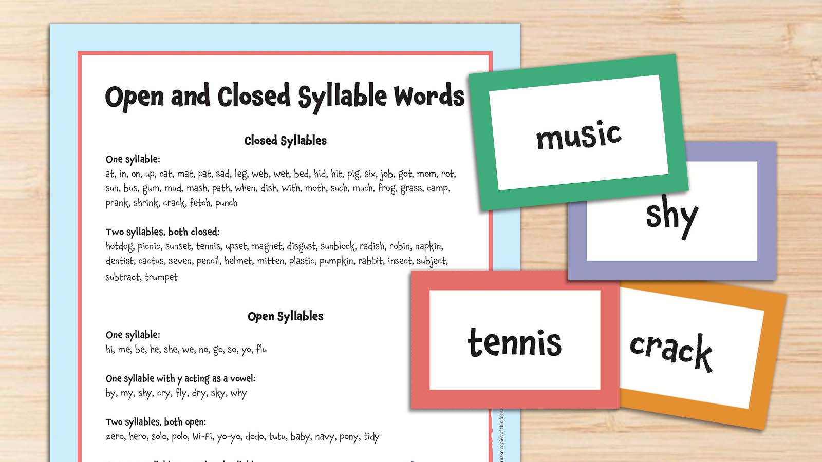 Printable word list and flashcards with open and closed syllable words.