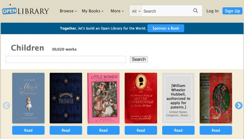 Still of collection of books offered on OpenLibrary website