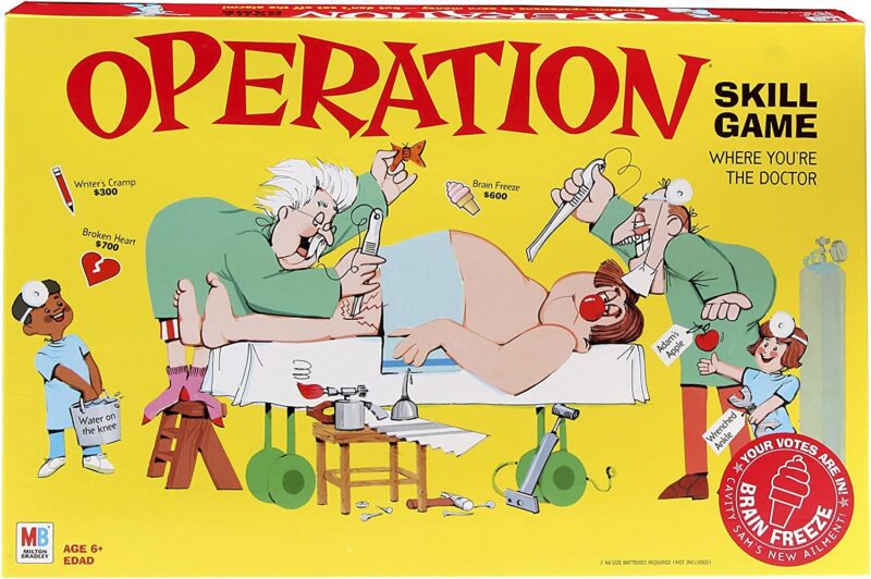 A silly cartoon scene of many doctors performing surgery on a man is shown in this example of best board games for preschoolers.