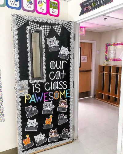 our cat class is pawesome - classroom door decoration with cats