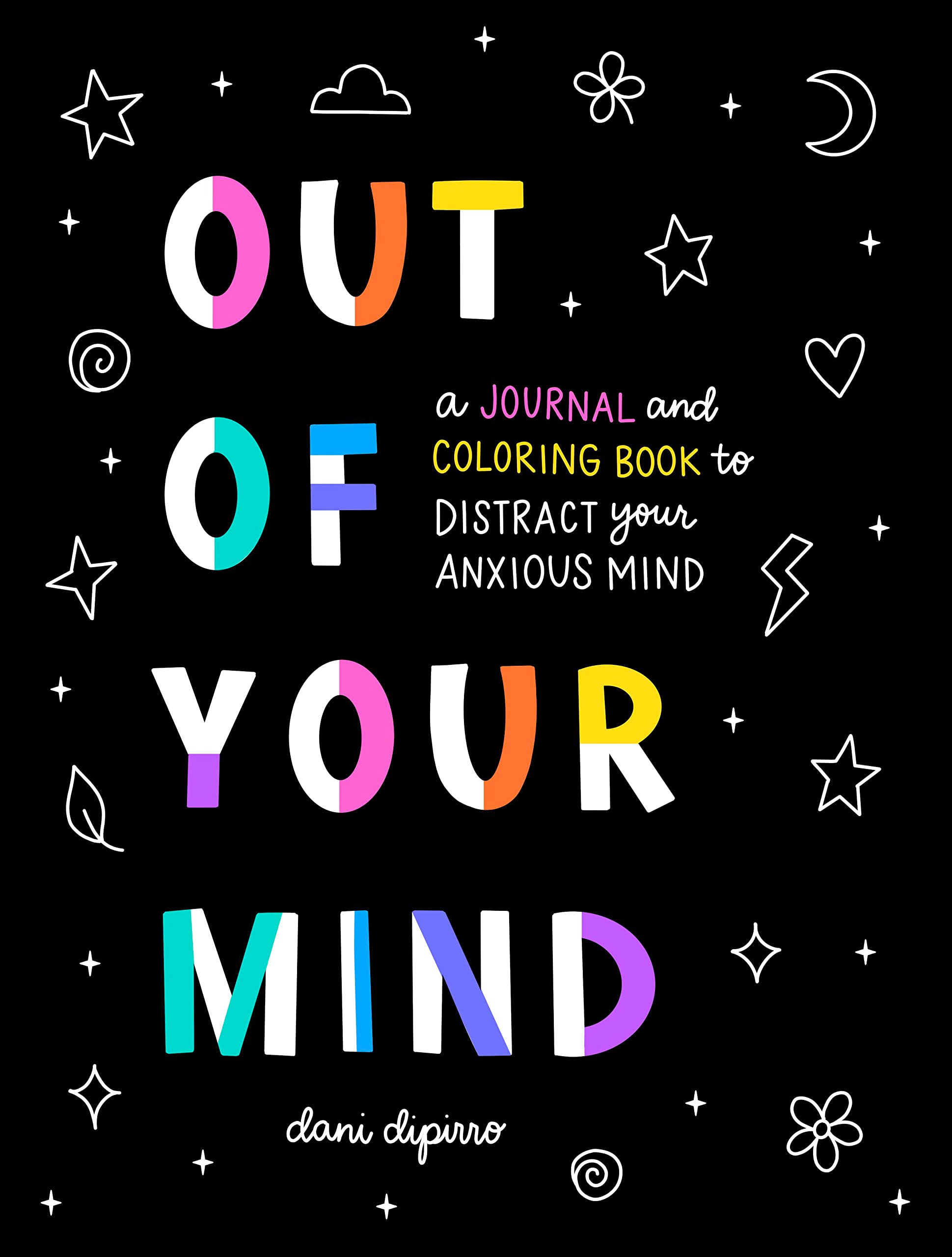 يمكن أيضًا أن تكون كتب التلوين للبالغين عبارة عن مجلات مثل غلاف هذا الكتاب الأسود الذي يحتوي على حروف كبيرة بألوان قوس قزح تقول "خارج عقلك".