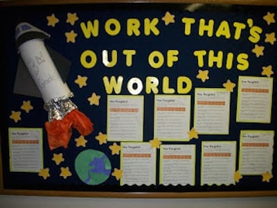 Display wall with stars and rocket for classroom work that is out of this world