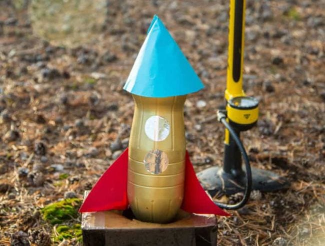 Colorful rocket built from a plastic bottle and a bike pump