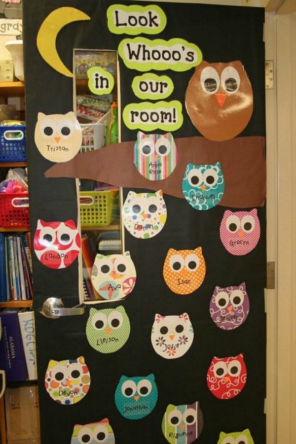 Fall bulletin boards can include doors like this one that read "look whoooo's in our room!" There are cute owl heads with googly eyes all over the door with students' names on them.