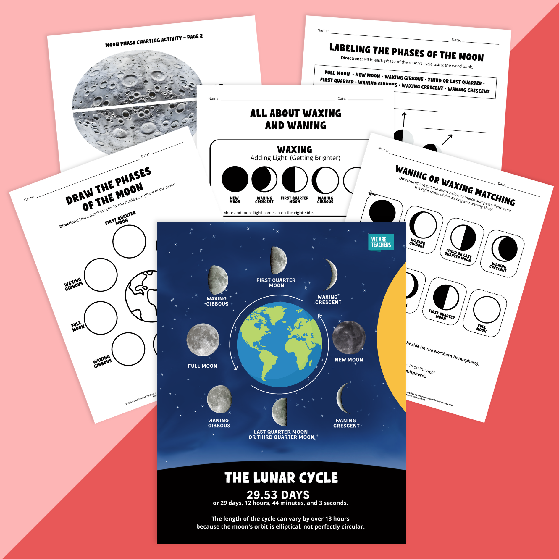 Images from a bundle of worksheets about the phases of the moon.