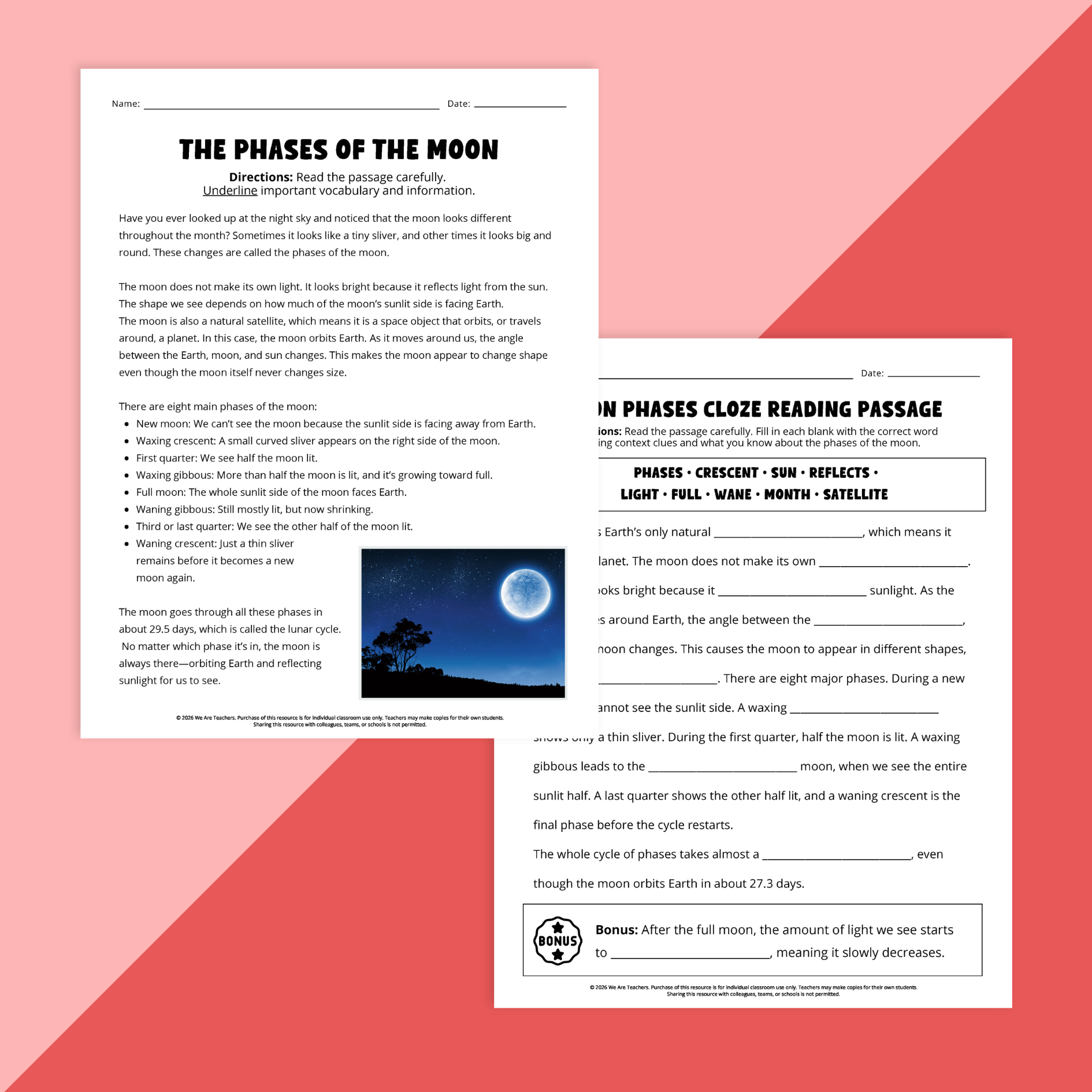 Pictures of worksheets about phases of the moon.