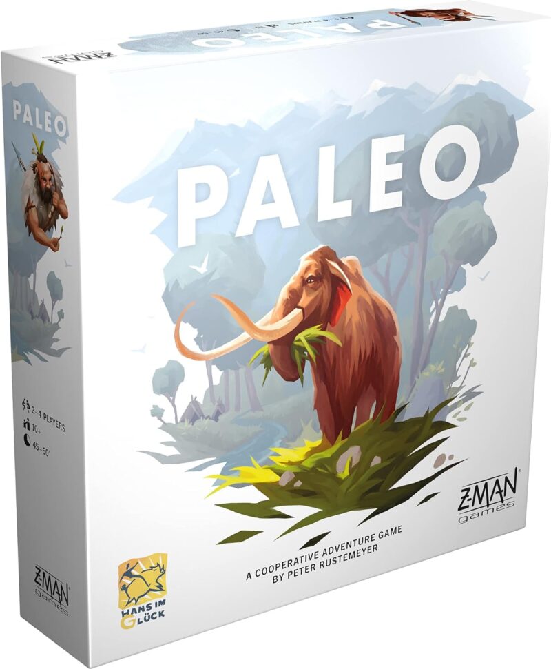 A box has a wooly mammoth on it and says Paleo in big block letters. 