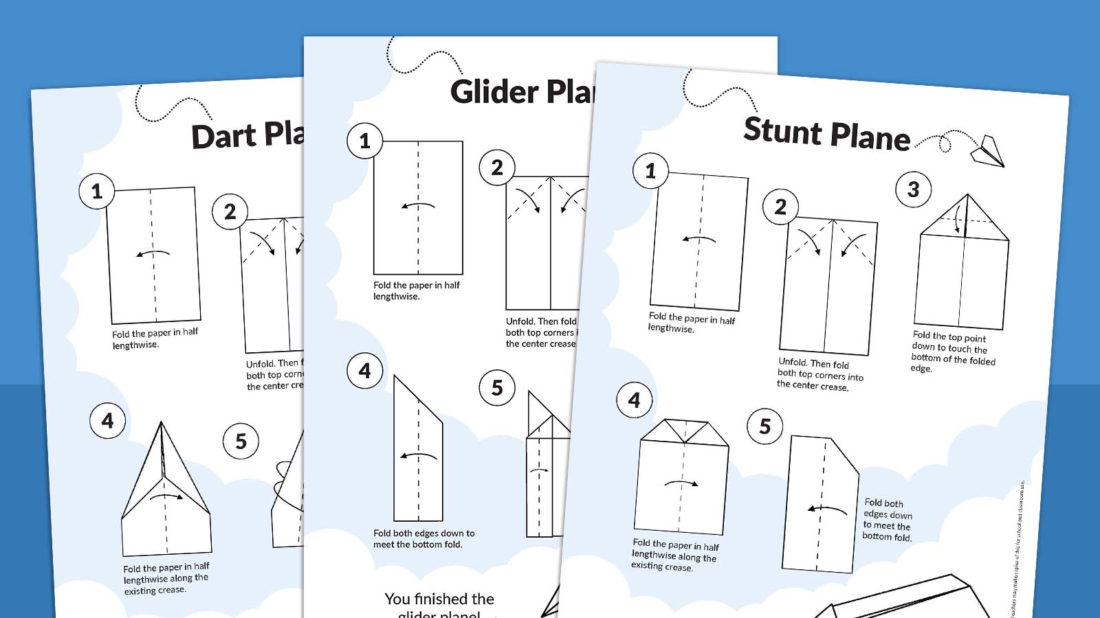 Three paper airplane printables on a blue background.