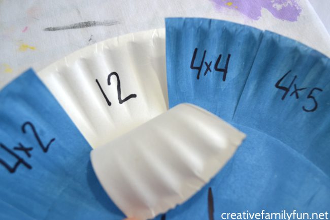 A multiplication game made with two paper plates