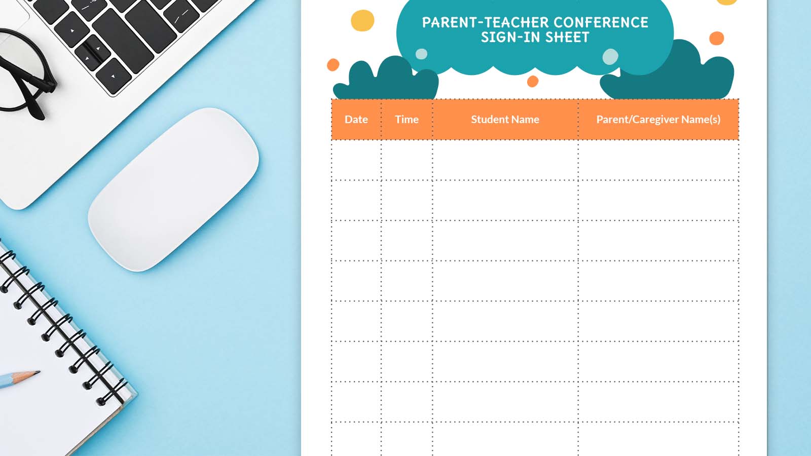 Parent-teacher conference sign-in sheet on a desk with mouse, laptop, and notebook.