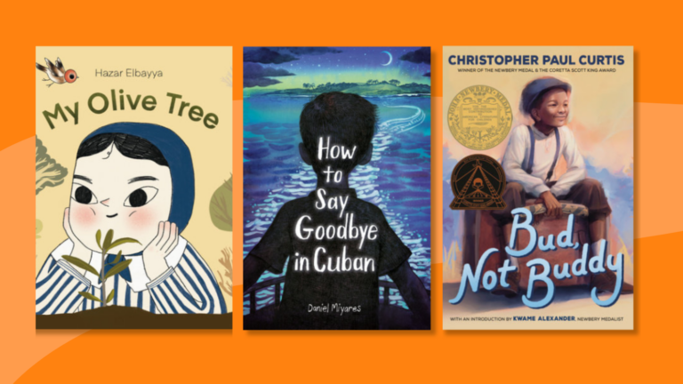 Three book covers published by Random House Children's Books: My Olive Tree, Bud, Not Buddy, How to Say Goodbye in Cuban