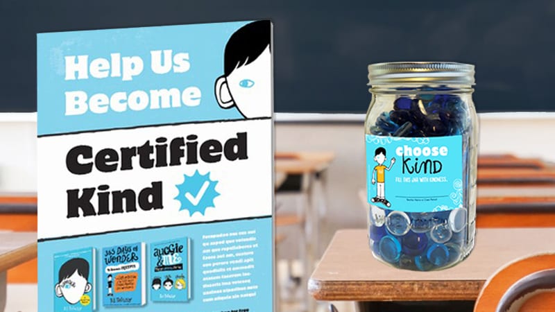 Certified Kind flyer and a glass mason jar full of blue marbles with a blue label that reads, "Choose Kind."