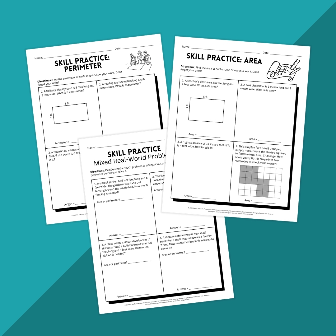 Worksheets helping students study perimeter and area.