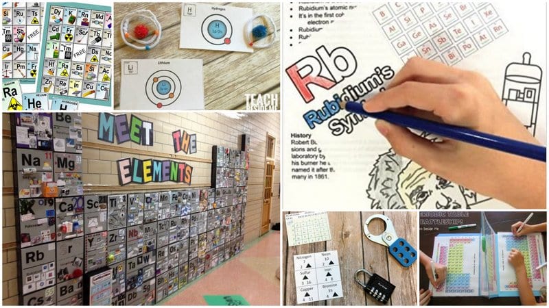 Six images of different periodic table activities for chemistry students.