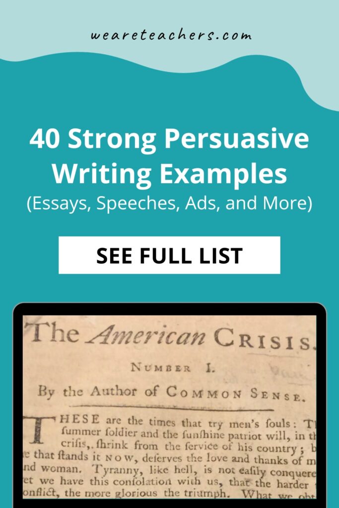 Find strong persuasive writing examples to use for inspiration, including essays, speeches, advertisements, reviews, and more.