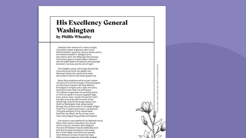 Printable Phillis Wheatley poem called His Excellency General Washington.