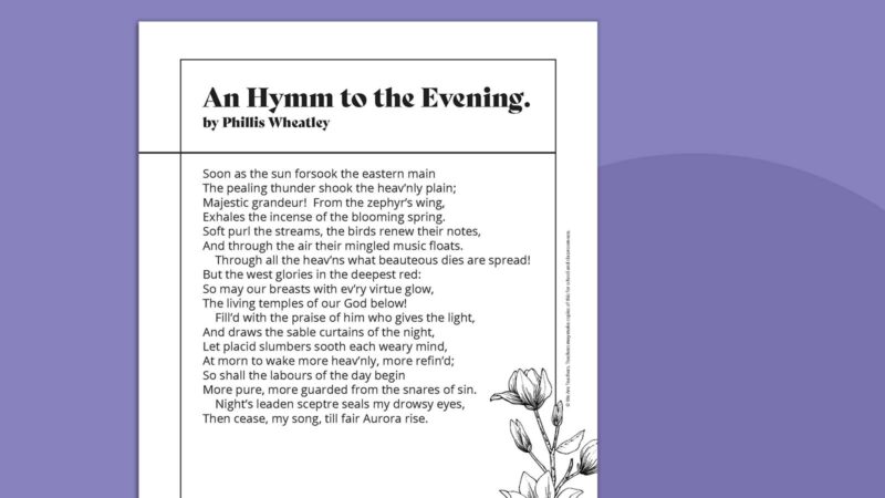 Printable Phillis Wheatley poem called An Hymn to the Evening.