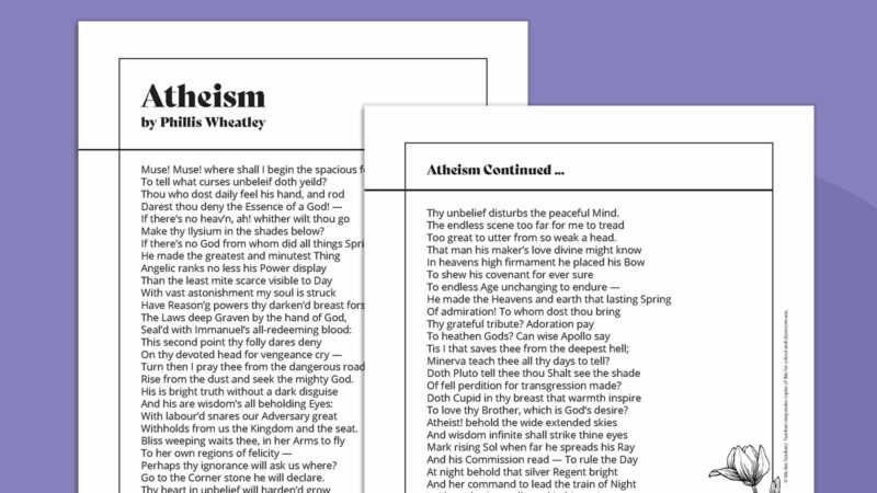 Printable Phillis Wheatley poem called Atheism