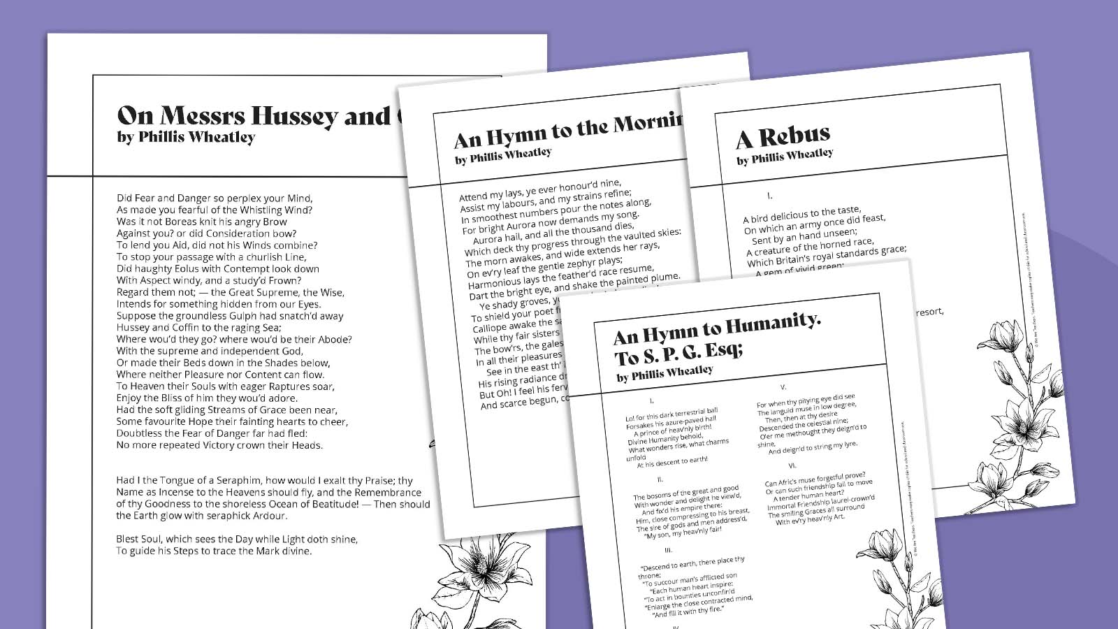 Printable Phillis Wheatley poems on a purple background.