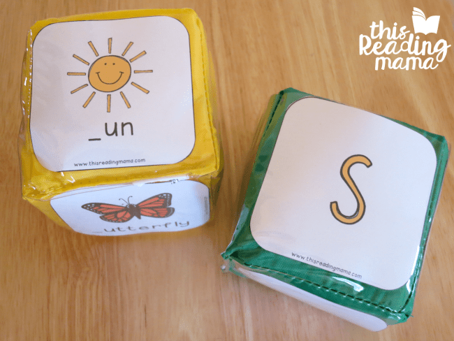Large fabric cubes with phonics sounds and images on each side (Phonics Activities)