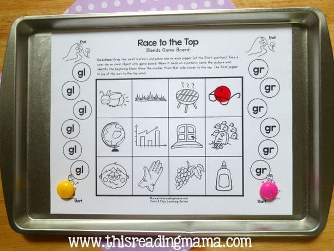 Printable Race to the Top phonics game on a metal cookie sheet (Phonics Activities)