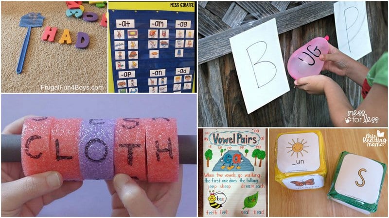 Phonics activities for early readers that contain balloons, pool noodles, and paper.