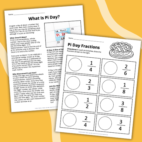 two pi day worksheet printable examples in front of a yellow background