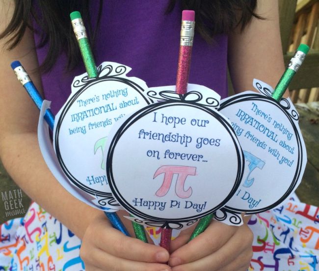 Hands holding circular gift tags attached to glitter pencils with pi-related puns for Pi Day activities for the classroom Pi Day Activities