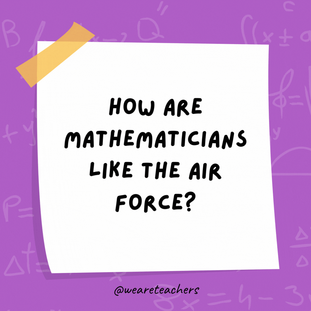 How are mathematicians like the air force?

They both use pi-lots.