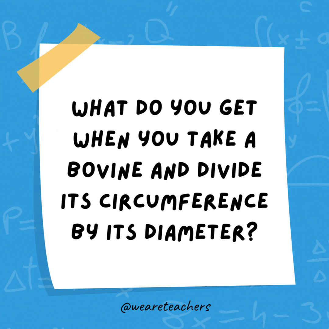 What do you get when you take a bovine and divide its circumference by its diameter?

A cow pi.