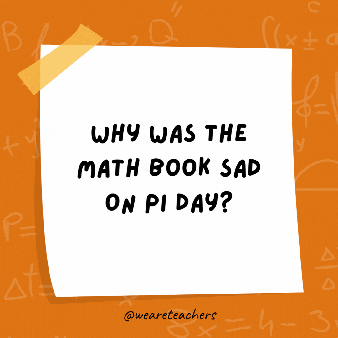 Why was the math book sad on Pi Day?

It had too many problems.
