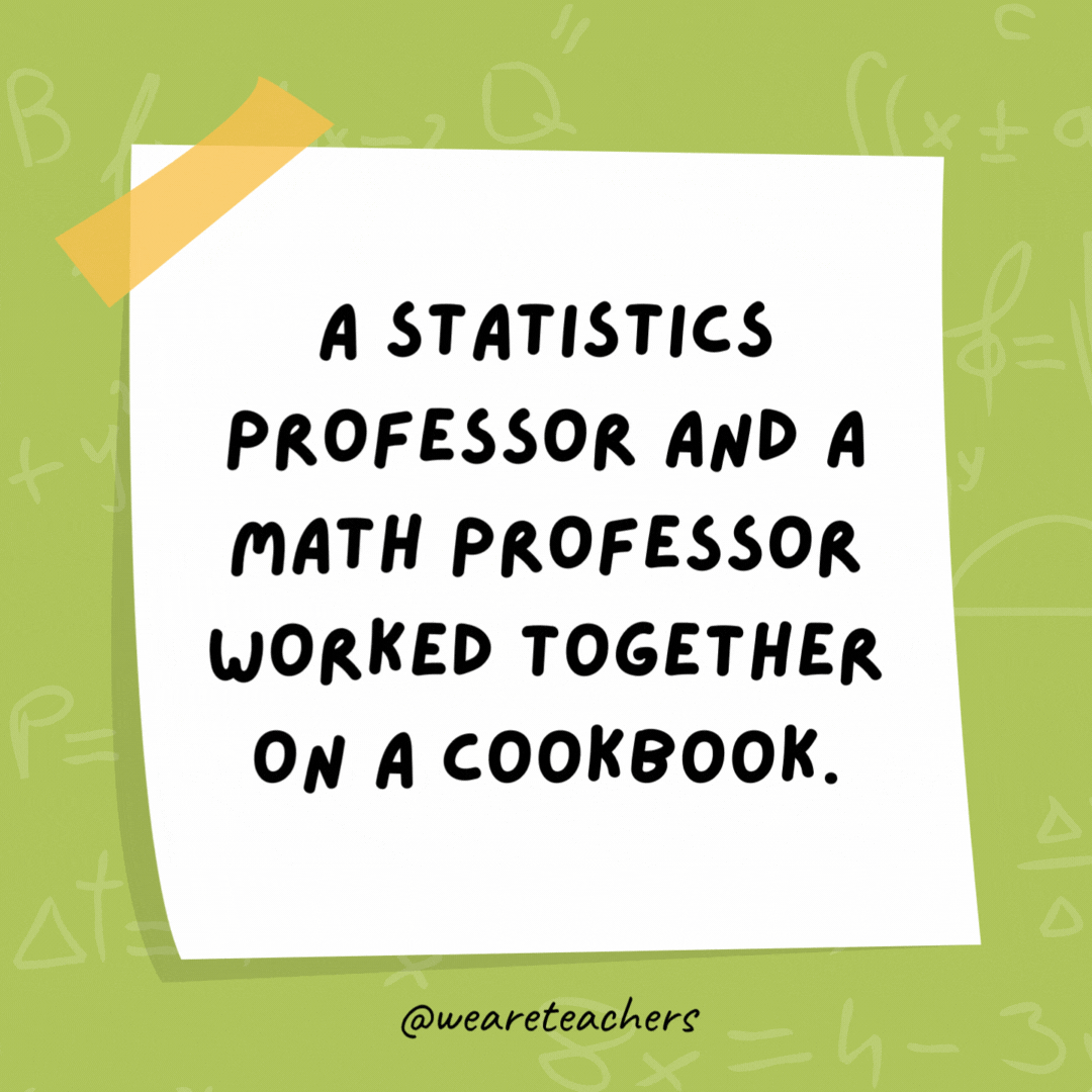 A statistics professor and a math professor worked together on a cookbook.

They called it “Pi a la Mode.”***