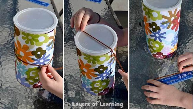 Collage of student hands measuring a cylindrical oatmeal container with yard and measuring the yarn with a ruler Pi Day Activities