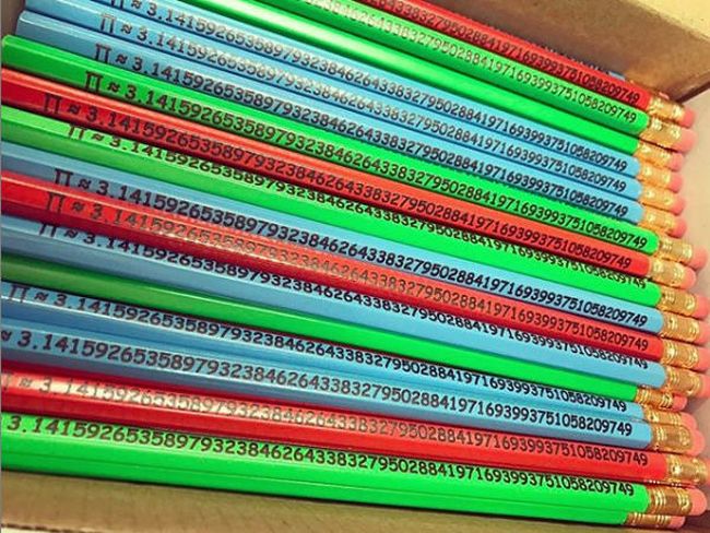 Collection of blue, green and red pencils with the digits of pi printed on them Pi Day Activities