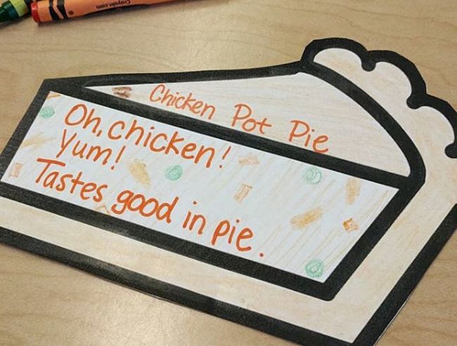 A piece of paper shaped like a pie slice with a haiku about chicken pot pie written on it for pi day activities for the classroom Pi Day Activities
