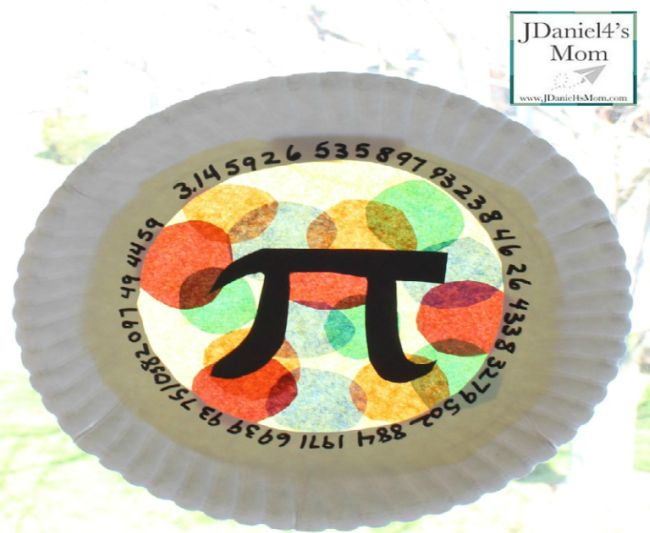 Paper plate with tissue paper circle decorations in the center with a pi symbol and digits of pi written around the edge for Pi Day activities for the classroom 