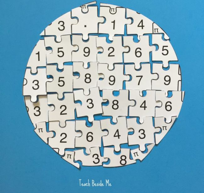 Circular jigsaw puzzle made from white yardstick with a digit of pi on each piece for Pi Day activities for the classroom Pi Day Activities