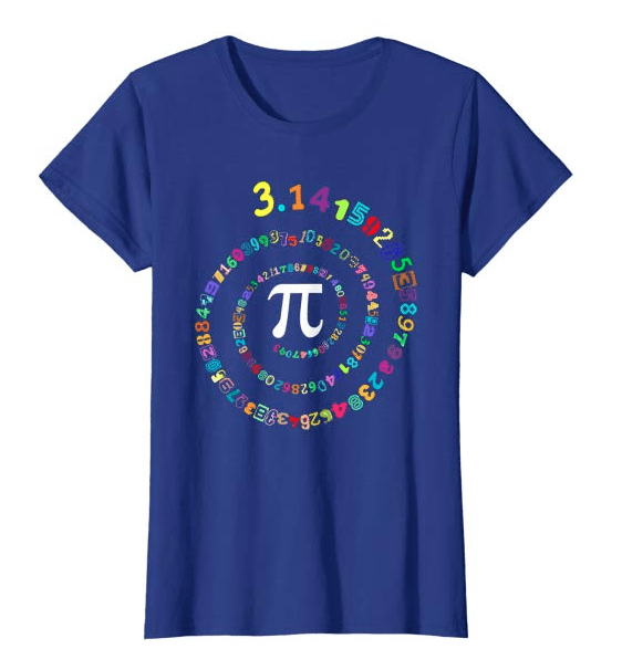 Navy blue t-shirt with the digits of pi printed in multicolor and arranged in a spiral around the pi symbol