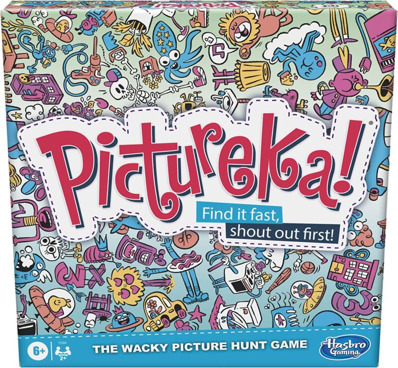 A box has a bunch of small pictures on it and says Pictureka: The Wacky Picture Hunt Game. 