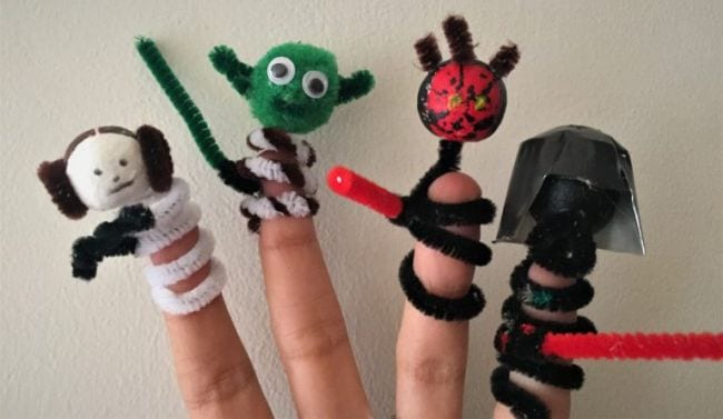 Pipe cleaner crafts include this one that shows multiple pipe cleaners twisted around fingers and decorated to look like various characters from Star Wars.