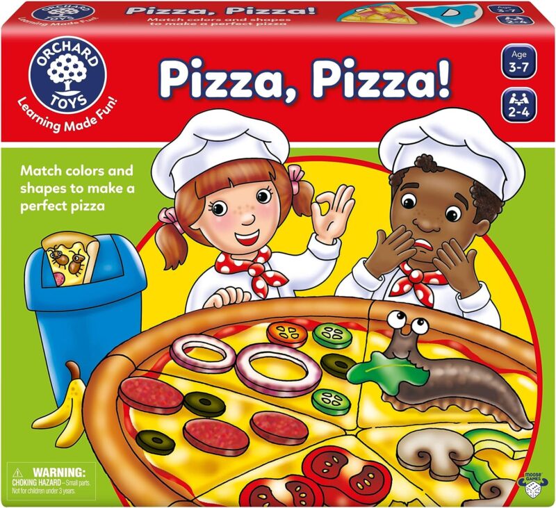 A board game box has two cartoon chefs on it standing in front of a pizza. Text reads, Pizza, Pizza!