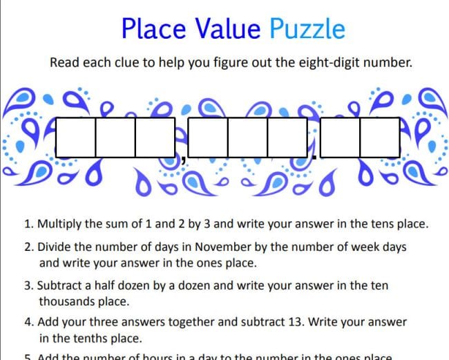 Place Value Puzzle worksheet with a series of clues
